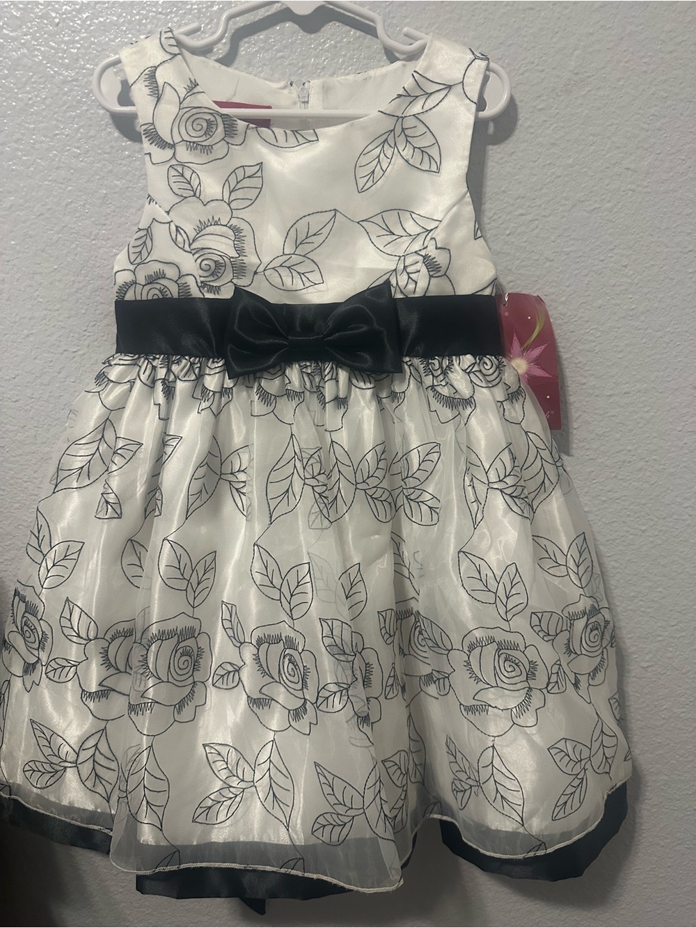 Girls White Floral Party Dress with Black Bow
